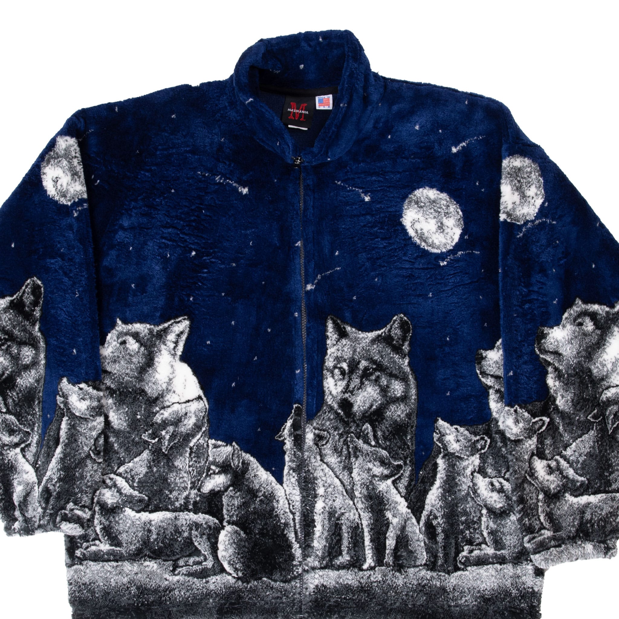 Cropped front view of navy Mazmania zip fleece jacket with gray wolves, moons and stars