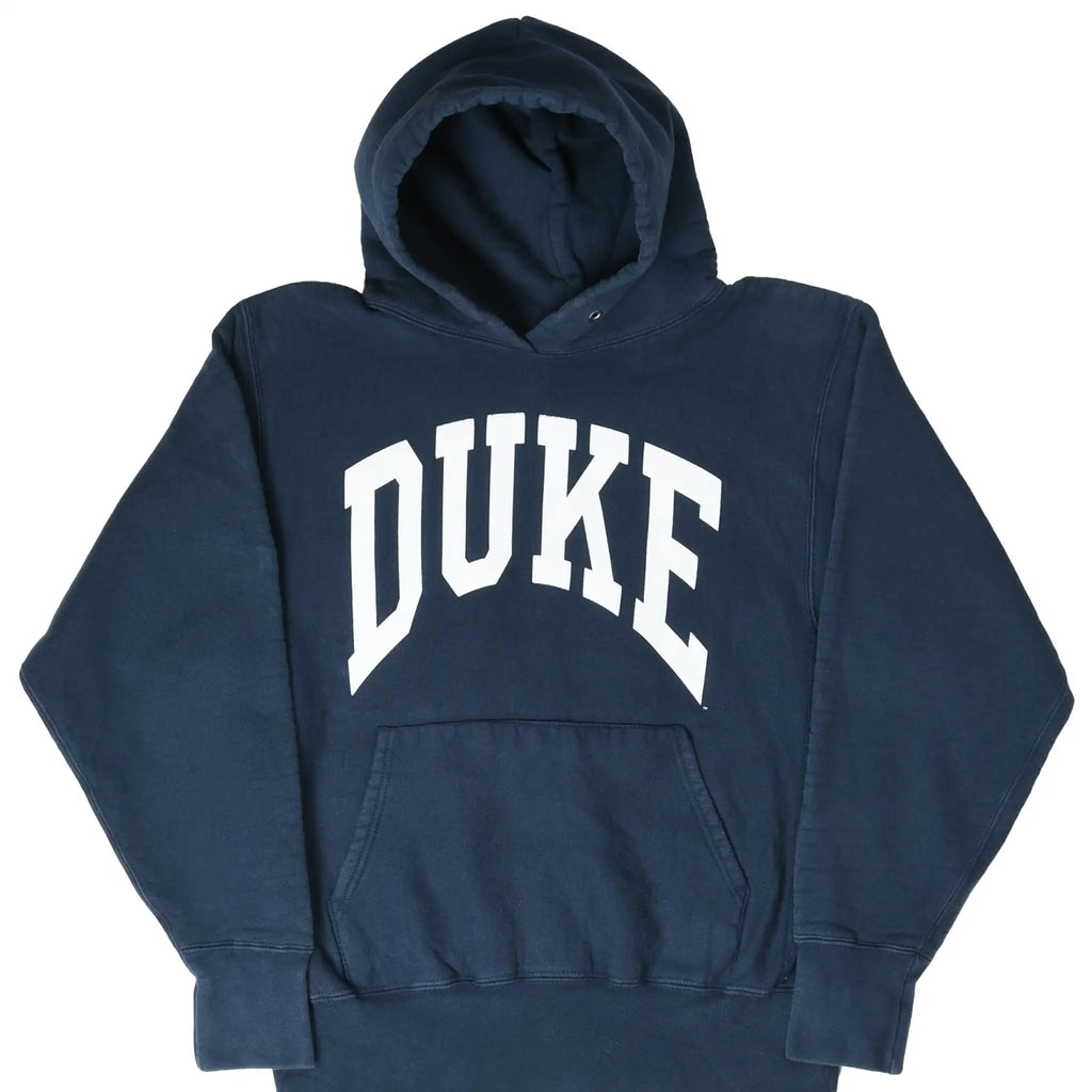 Front of navy Duke University hoodie with white arched DUKE print and kangaroo pocket