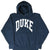 Front of navy Duke University hoodie with white arched DUKE print and kangaroo pocket