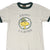 Front of gray Peanuts ringer T-shirt with green trim and Woodstock Happy Camper graphic