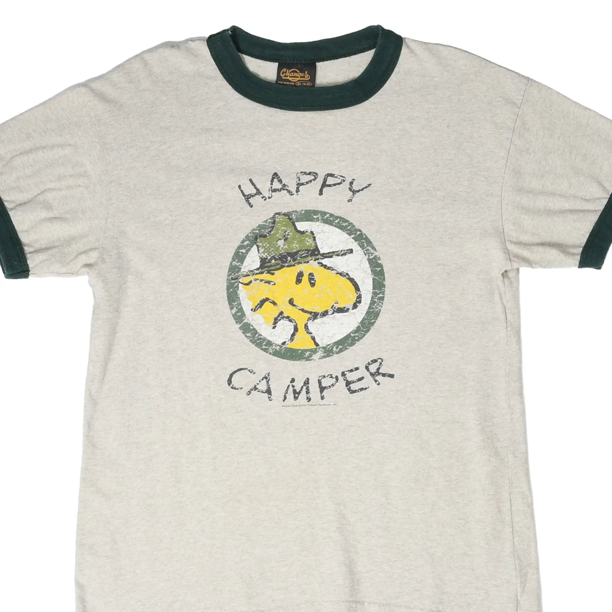 Front of gray Peanuts ringer T-shirt with green trim and Woodstock Happy Camper graphic