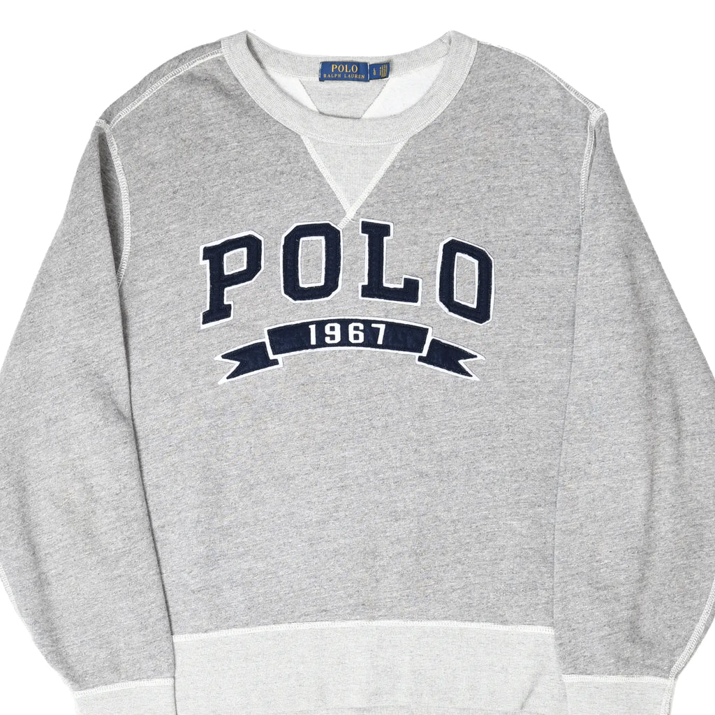 Front of grey Polo Ralph Lauren crewneck with navy POLO 1967 embroidery