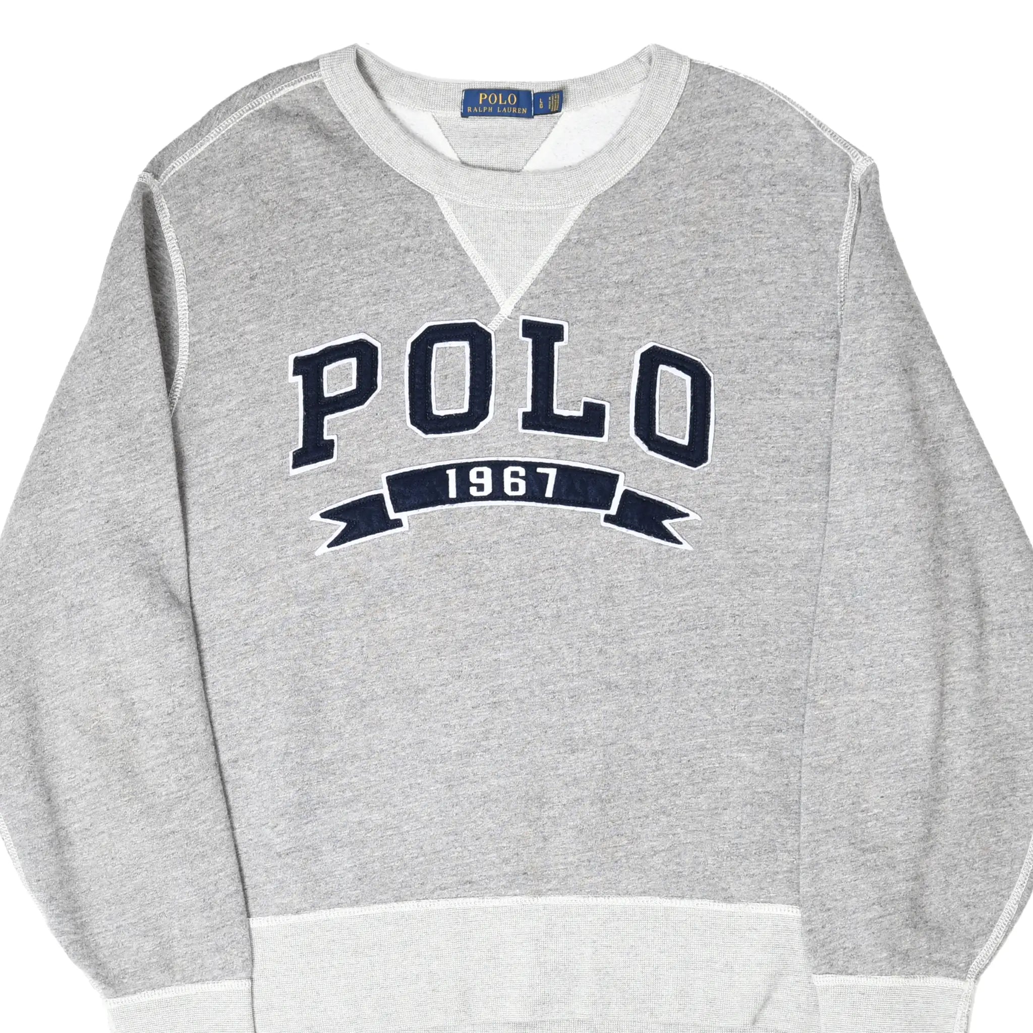 Front of grey Polo Ralph Lauren crewneck with navy POLO 1967 embroidery