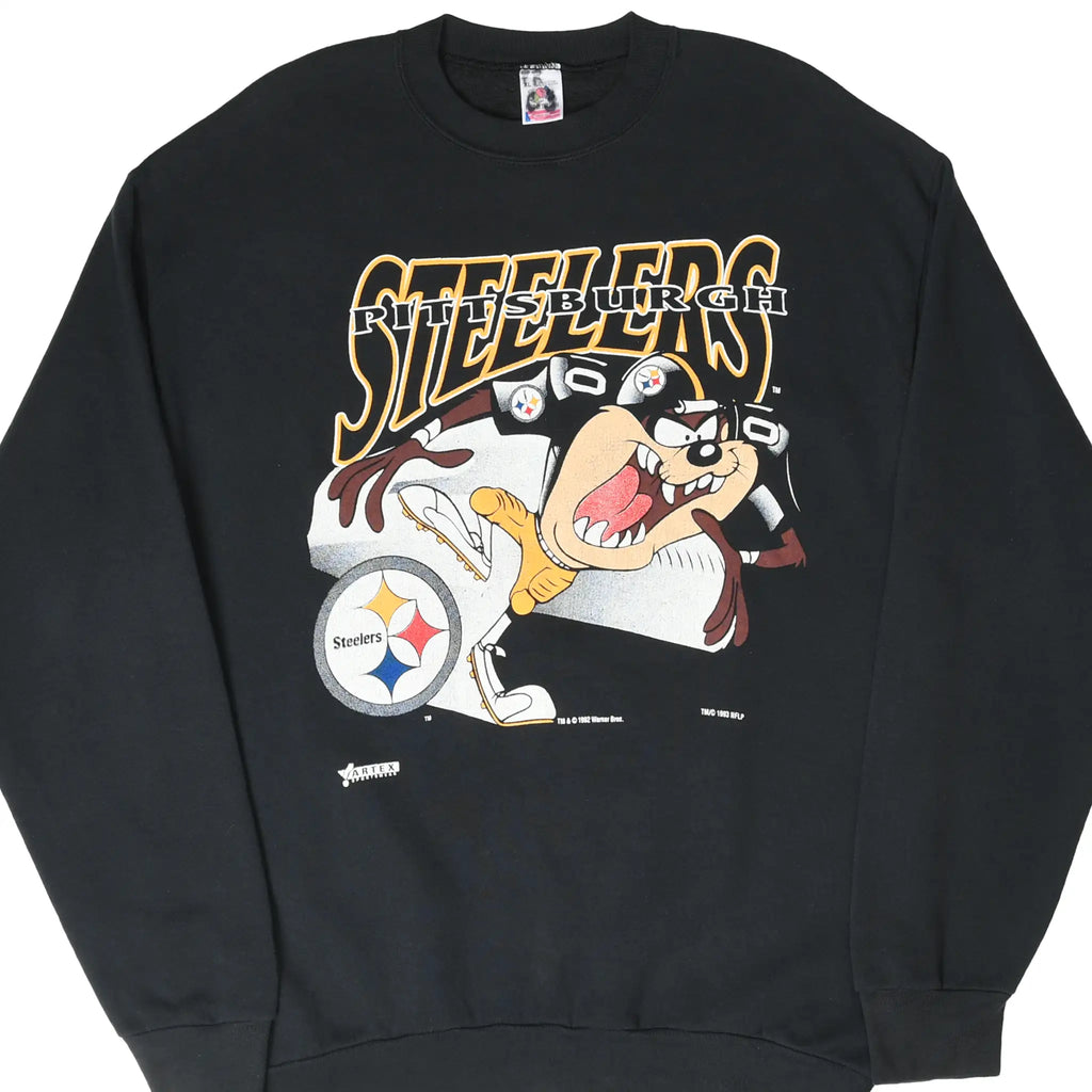 Front of black Pittsburgh Steelers sweatshirt with Taz football graphic