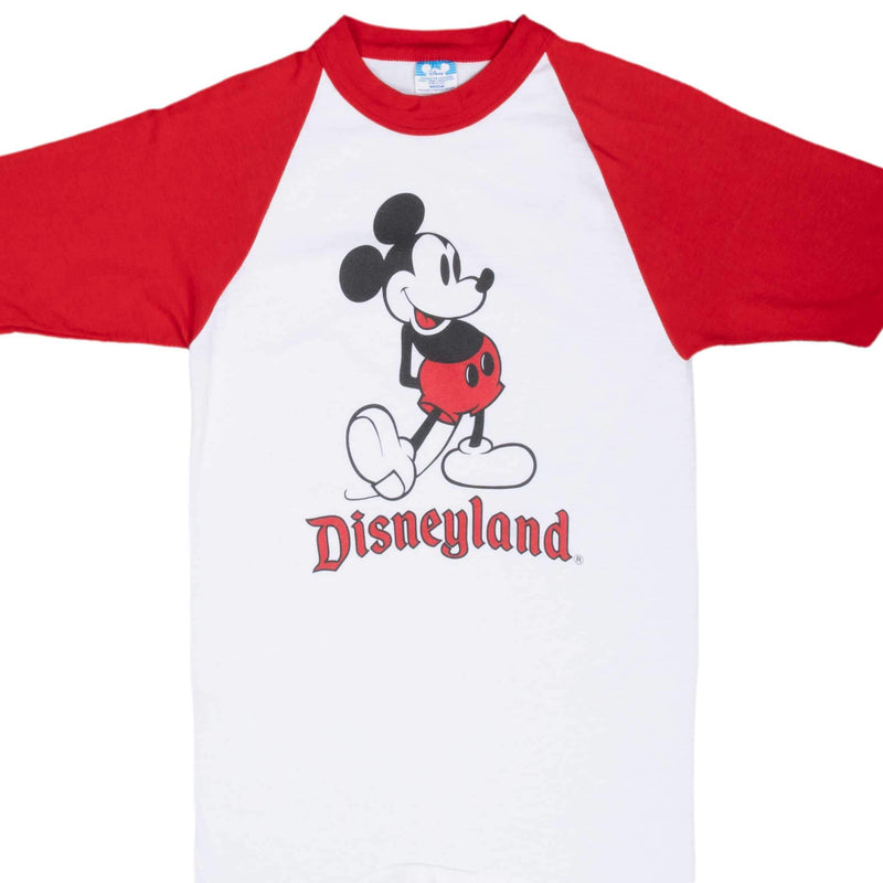 Vintage Disney Mickey Mouse Disneyland Raglan 1990S Tee Shirt Size XS Made In Usa With Single Stitch Sleeves