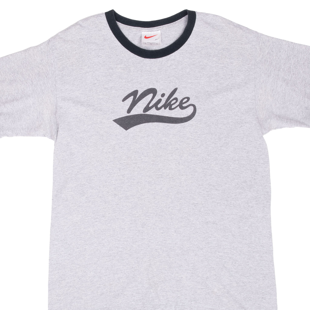 Front close-up of grey Nike ringer T-shirt with black script logo and black crew neck