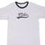 Front close-up of grey Nike ringer T-shirt with black script logo and black crew neck