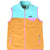Front of Patagonia Synchilla fleece vest in turquoise and tan with pink trim and three zip pockets