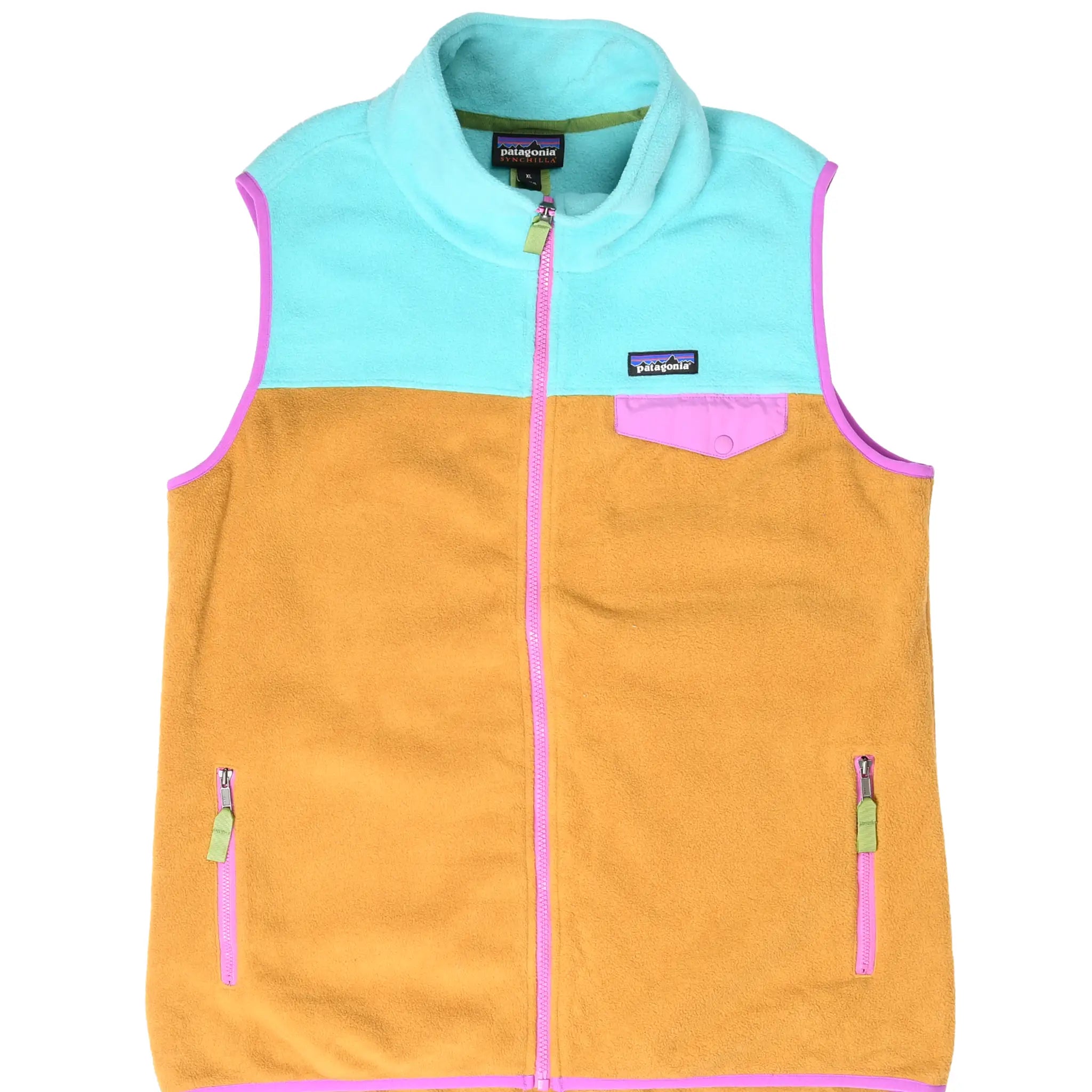 Front of Patagonia Synchilla fleece vest in turquoise and tan with pink trim and three zip pockets