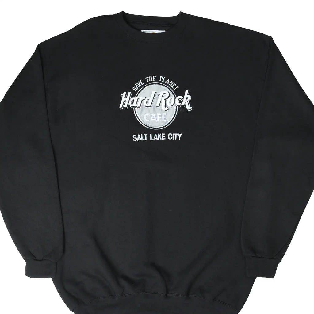 Front of black Hard Rock Cafe sweatshirt with white Save the Planet Salt Lake City logo