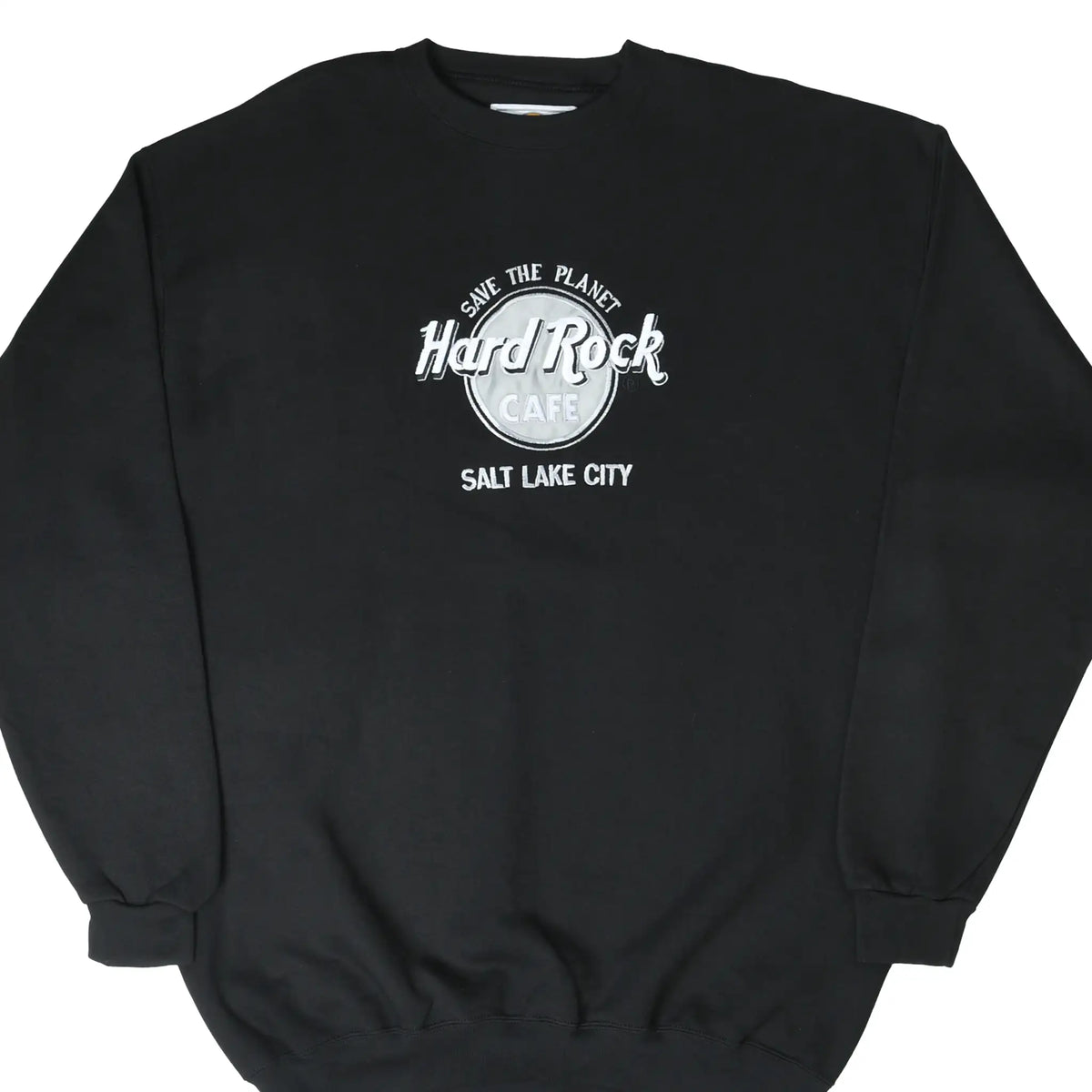 Front of black Hard Rock Cafe sweatshirt with white Save the Planet Salt Lake City logo