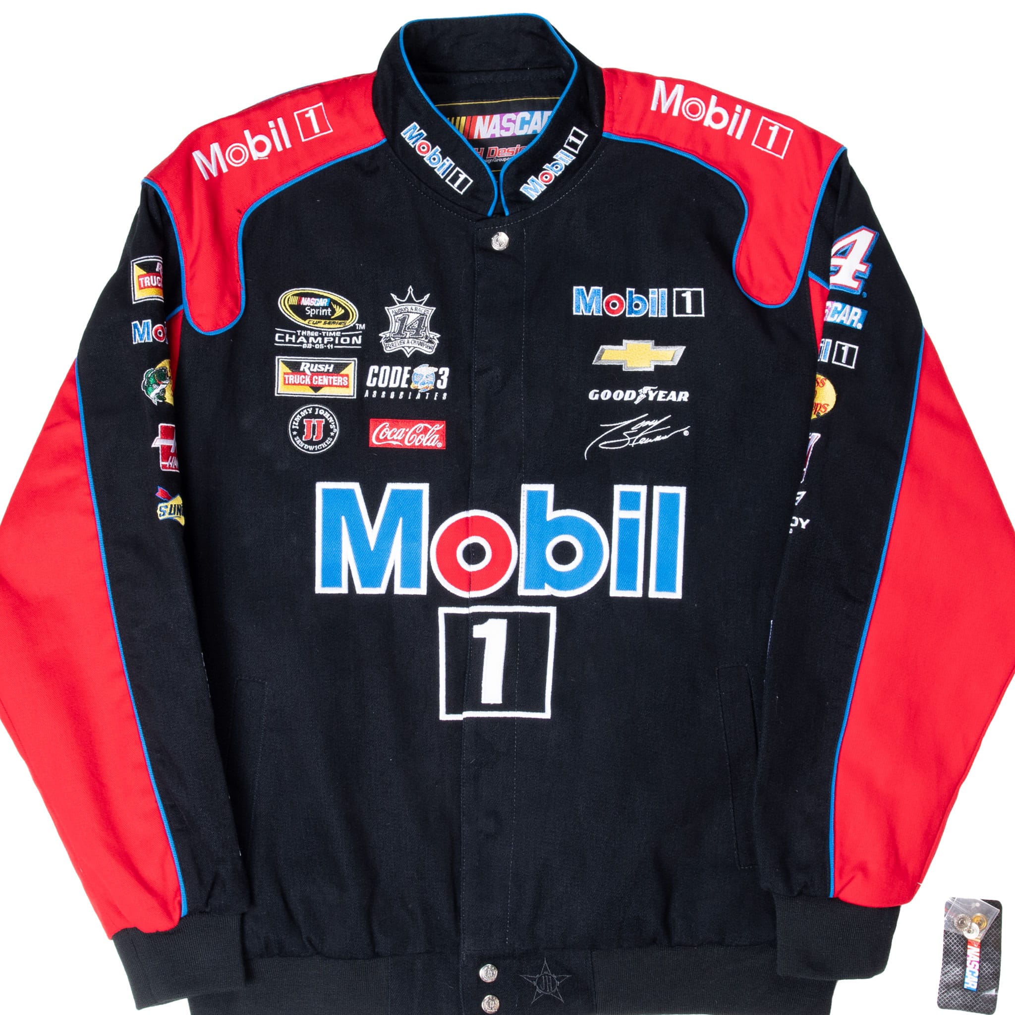 Front of black and red Tony Stewart Mobil 1 NASCAR jacket with embroidered sponsor logos