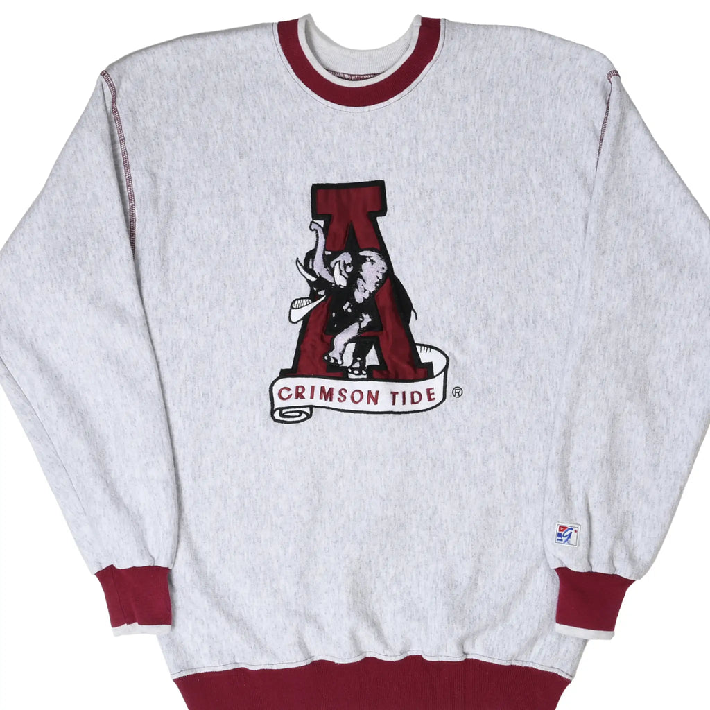 Front of gray Alabama Crimson Tide sweatshirt with elephant embroidery and crimson ribbed trim