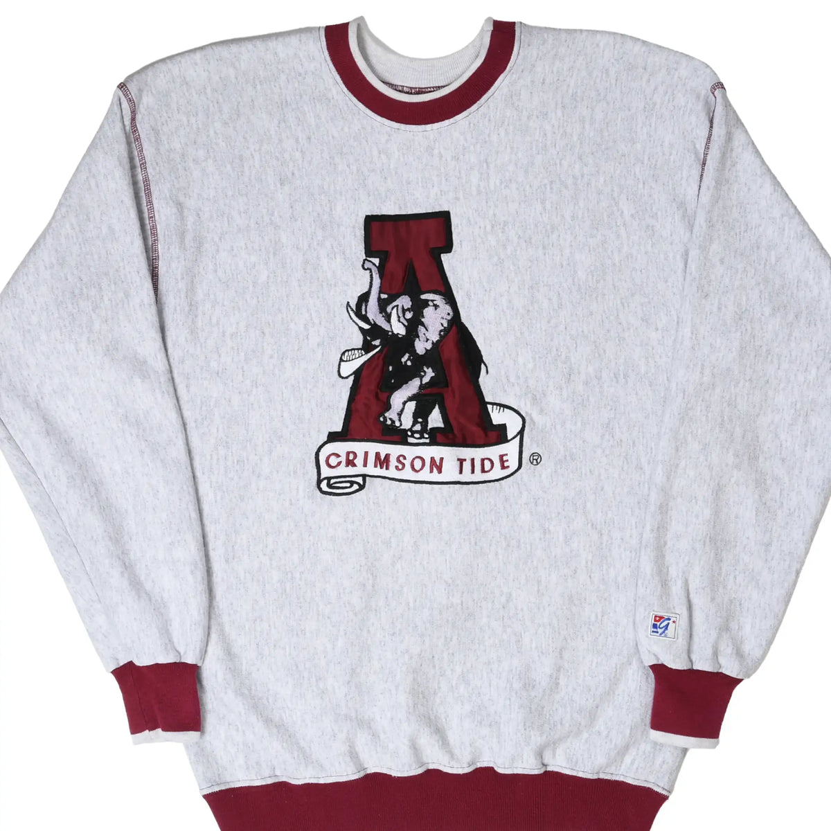 Front of gray Alabama Crimson Tide sweatshirt with elephant embroidery and crimson ribbed trim