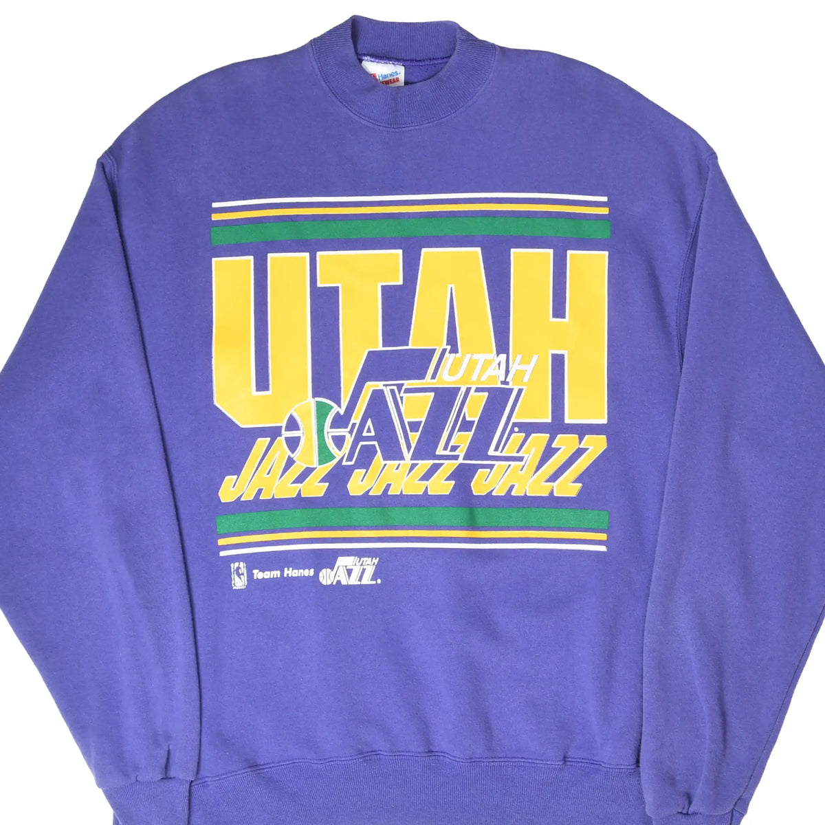 Front of purple Utah Jazz sweatshirt with oversized yellow, green and white team graphic