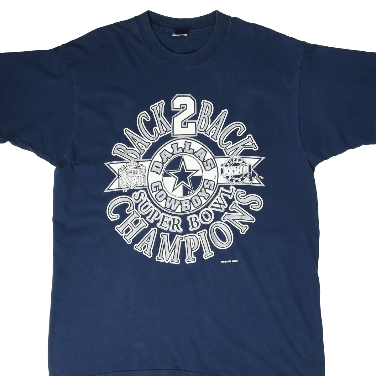 Front of navy Dallas Cowboys Back 2 Back Super Bowl Champions T-shirt with white graphic