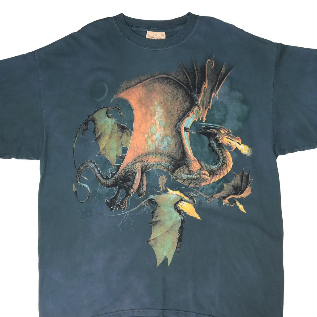 Front of blue-gray The Mountain T-shirt with large fire-breathing dragon graphic