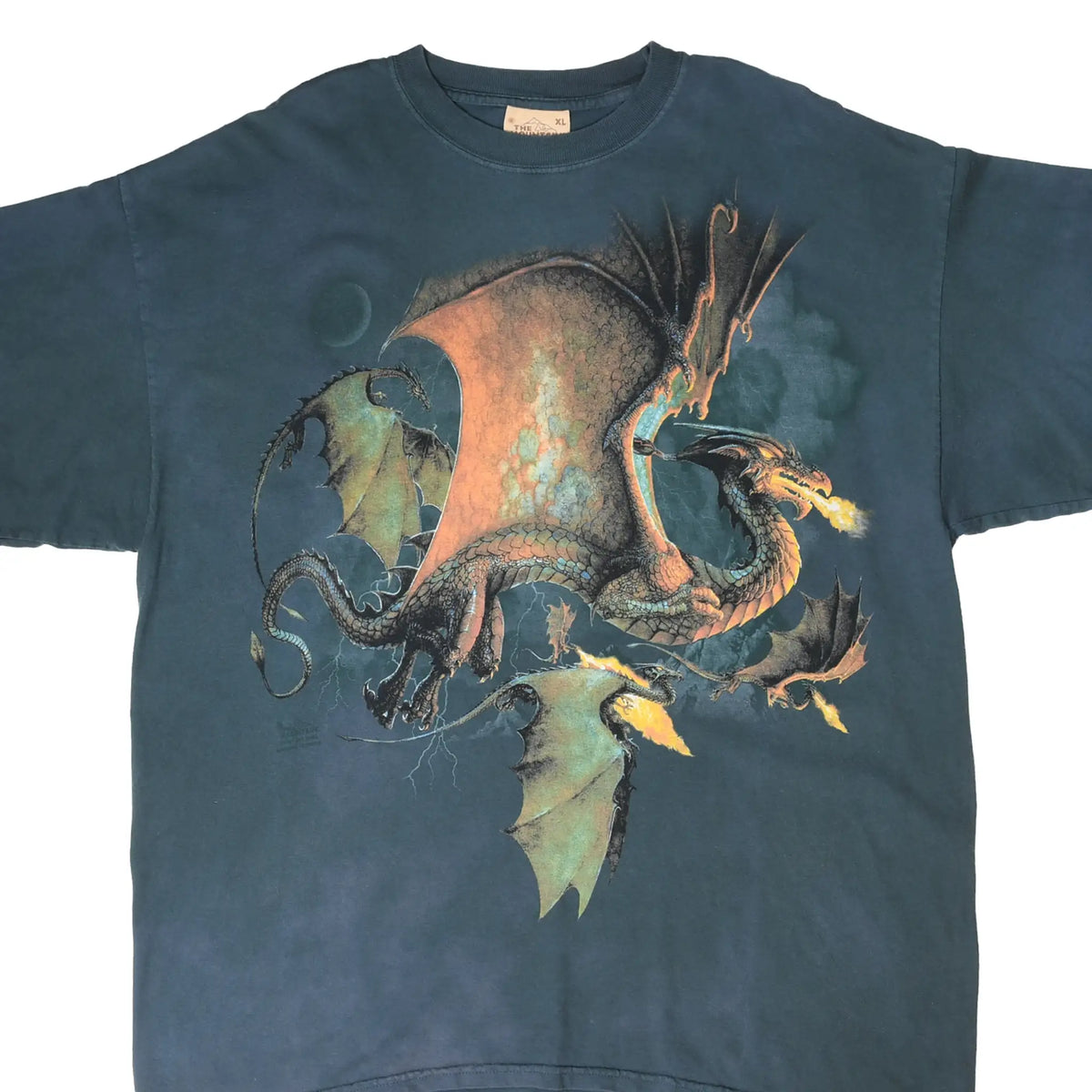Front of blue-gray The Mountain T-shirt with large fire-breathing dragon graphic