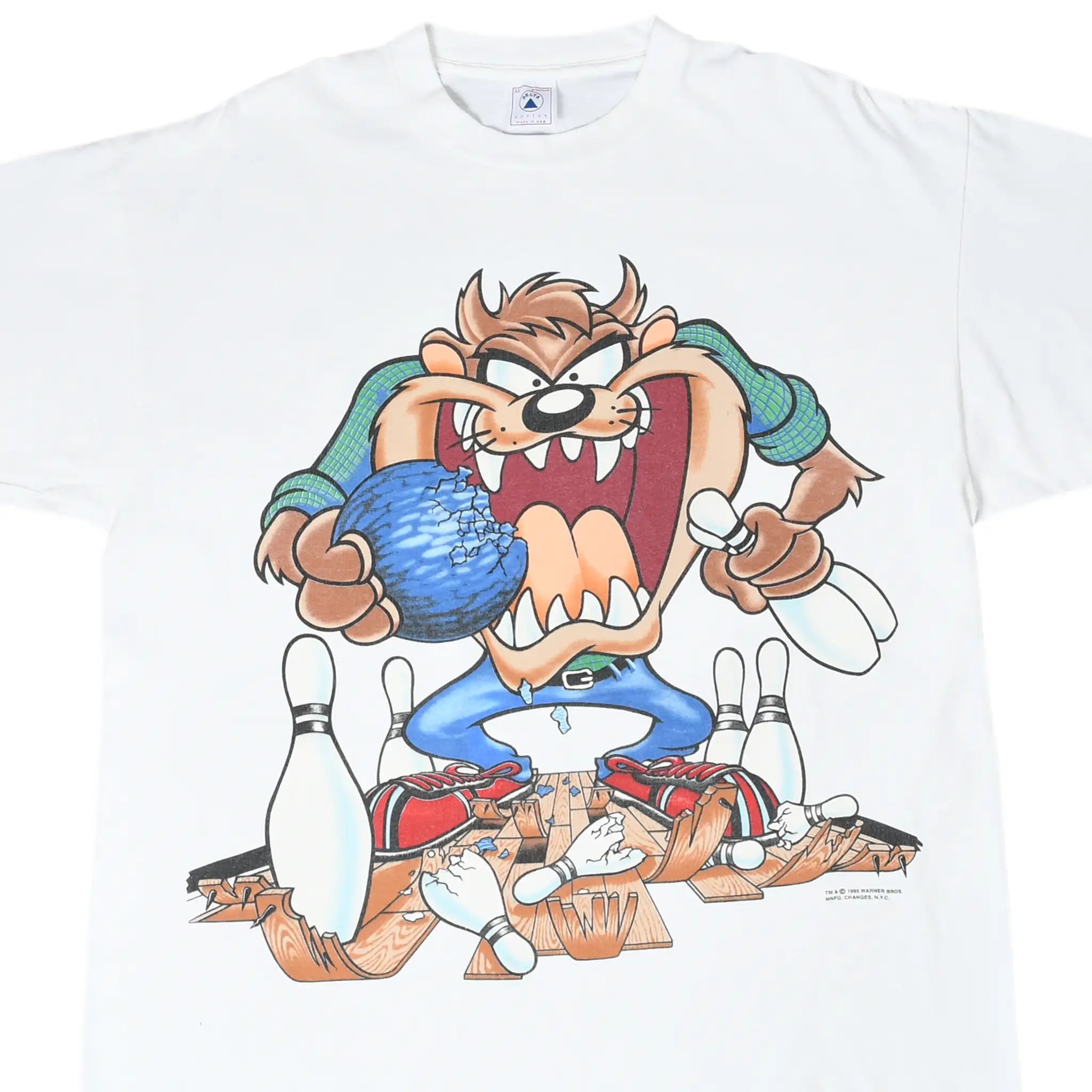 Front detail of white Looney Tunes T-shirt with Taz holding a bowling ball and pins
