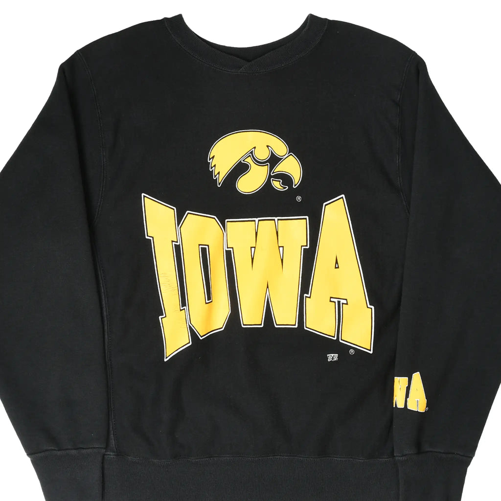 Front of black University of Iowa Hawkeyes sweatshirt with gold Iowa wordmark and hawk logo