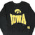 Front of black University of Iowa Hawkeyes sweatshirt with gold Iowa wordmark and hawk logo