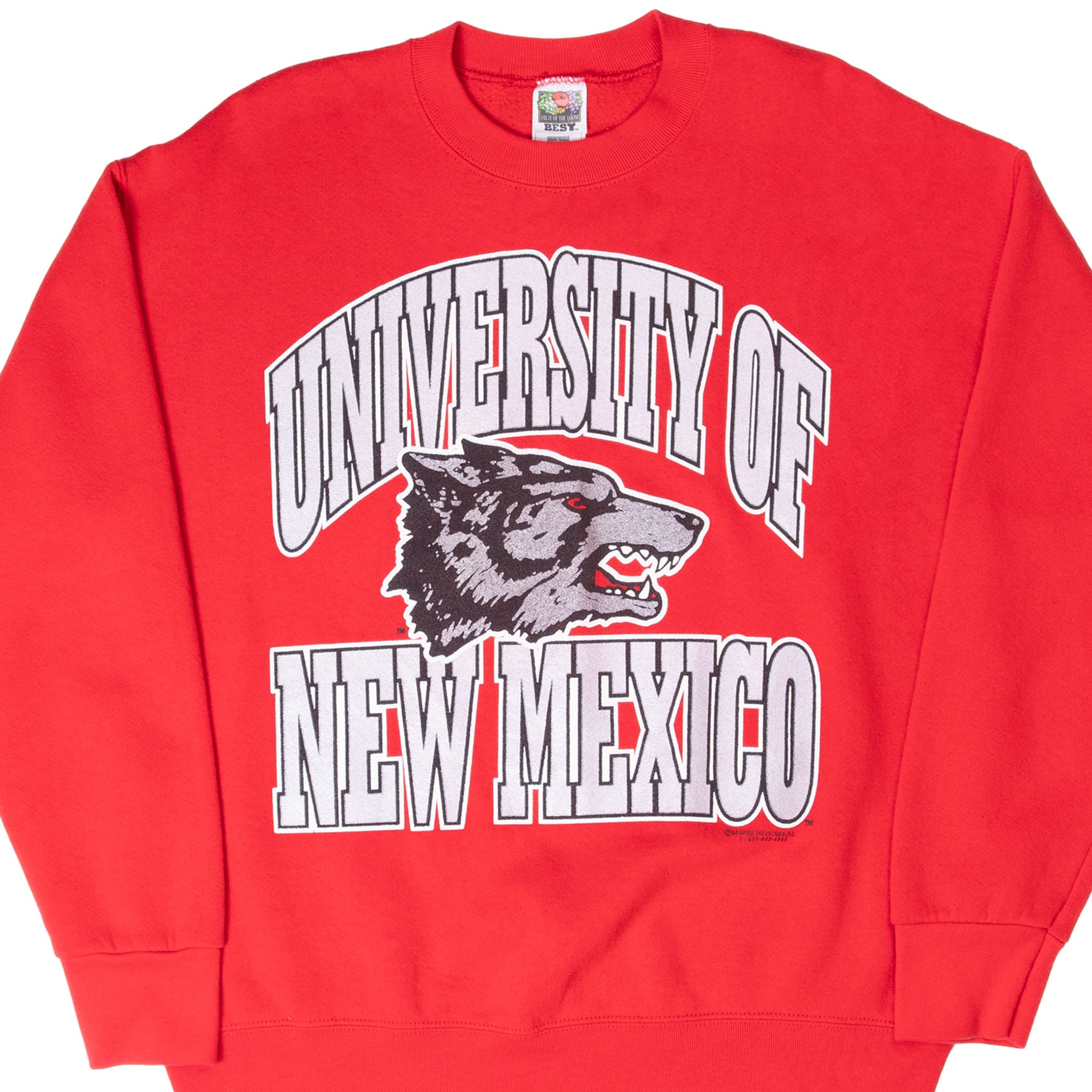 Front of red University of New Mexico Lobos sweatshirt with wolf mascot graphic