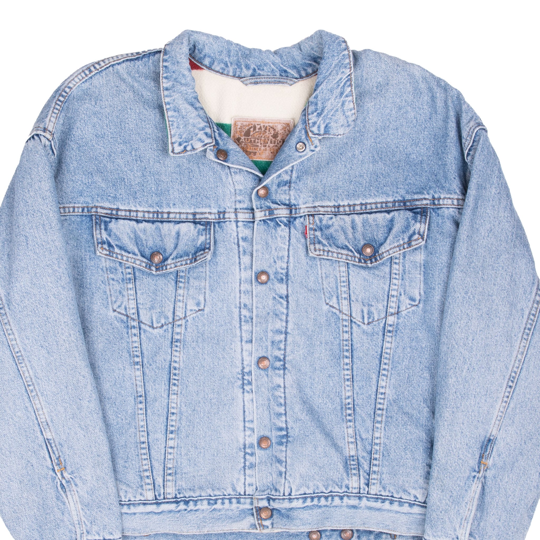 Vintage Levis Trucker Reversible Denim Jacket 4 Pockets Rainbow Lined Medium Wash Clean 1980s Size Large Made In USA


