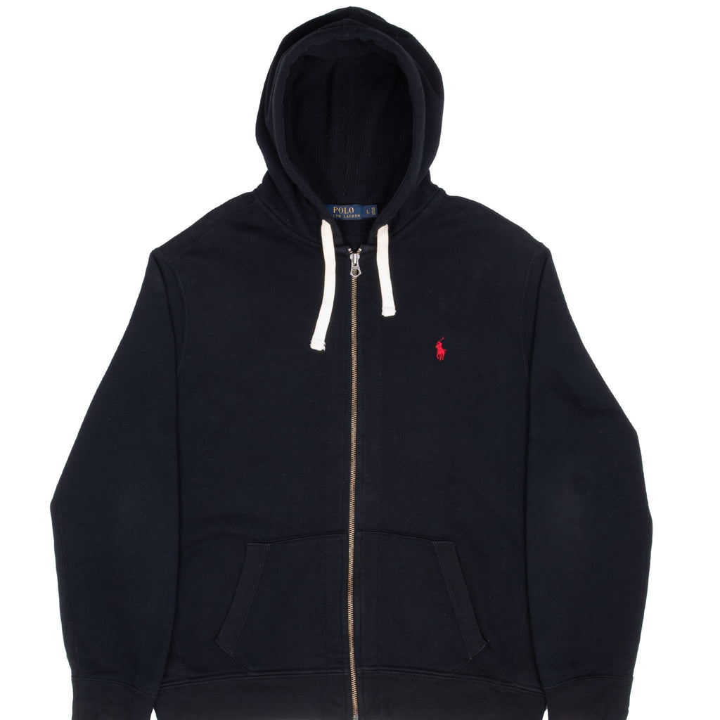 Front view of black Polo Ralph Lauren full-zip hoodie with white drawstrings and red pony embroidery