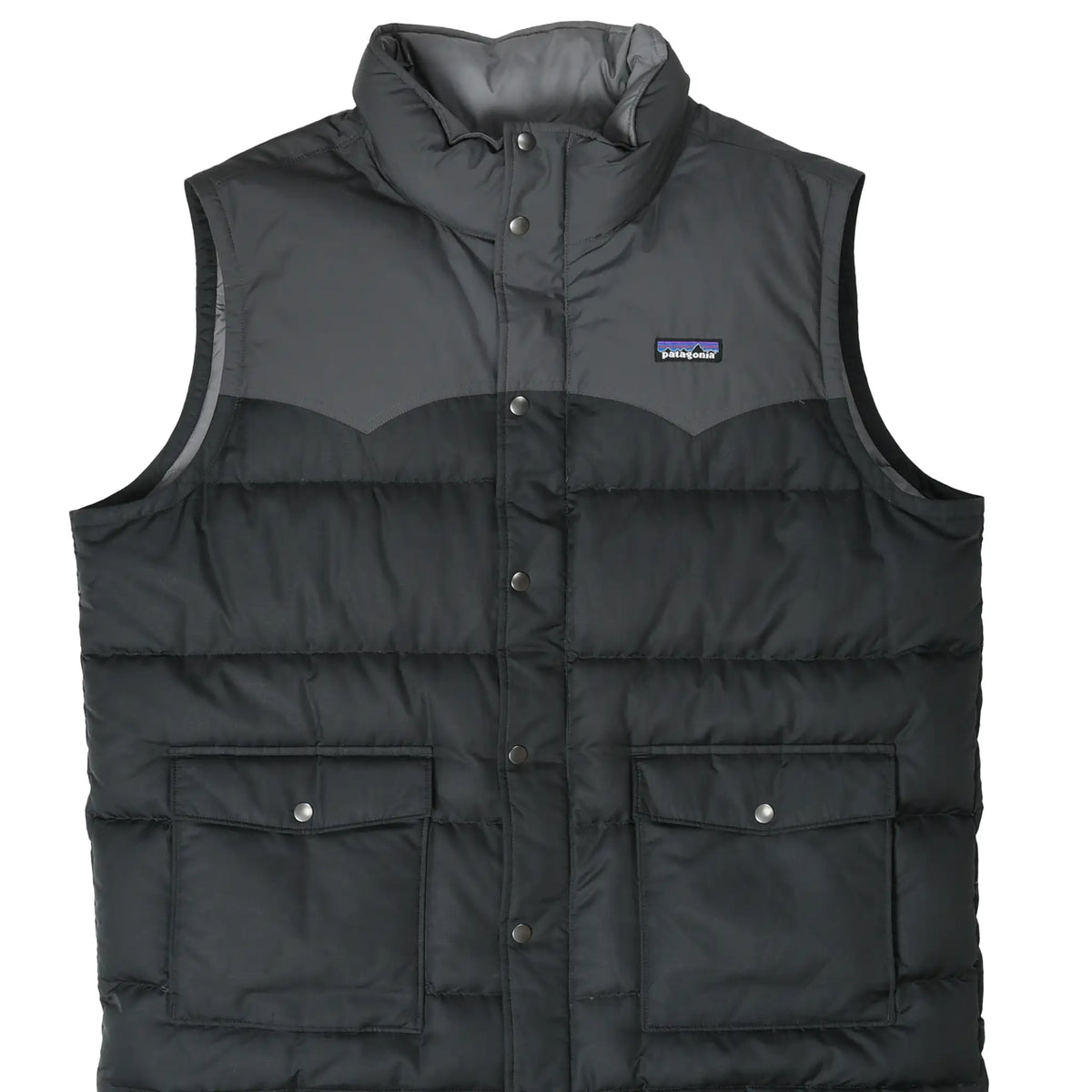 Front of black Patagonia Slingshot down vest with gray Western yoke and snap-flap cargo pockets