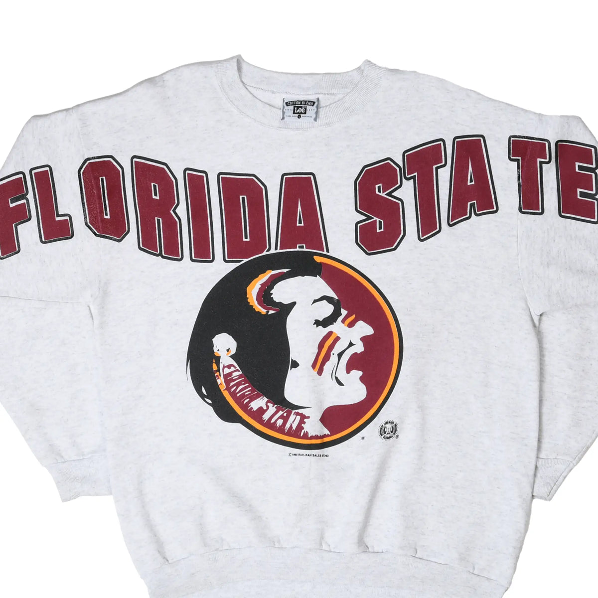 Front of gray Florida State Seminoles sweatshirt with garnet lettering and large team logo
