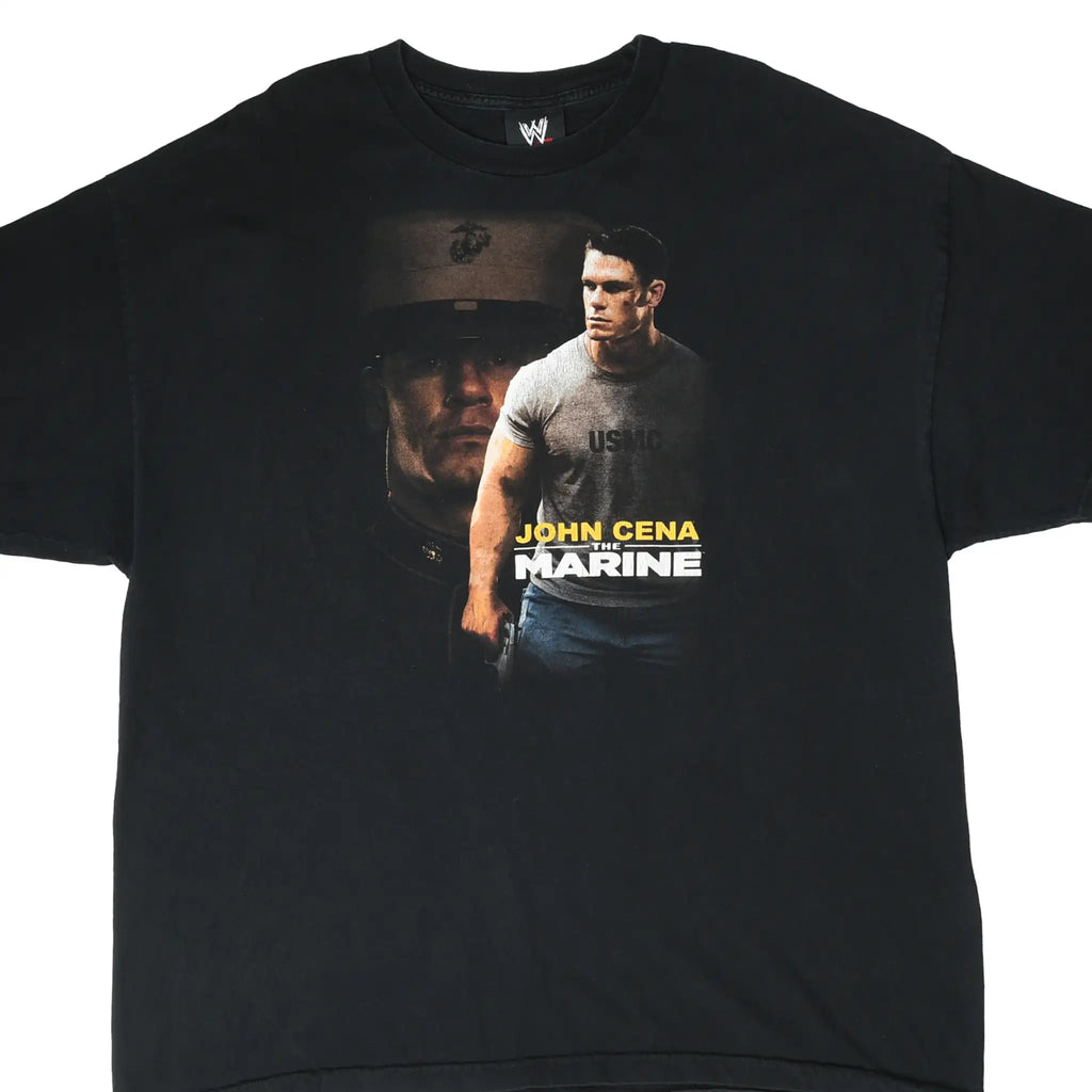 Front of black WWE T-shirt with John Cena and The Marine movie graphic