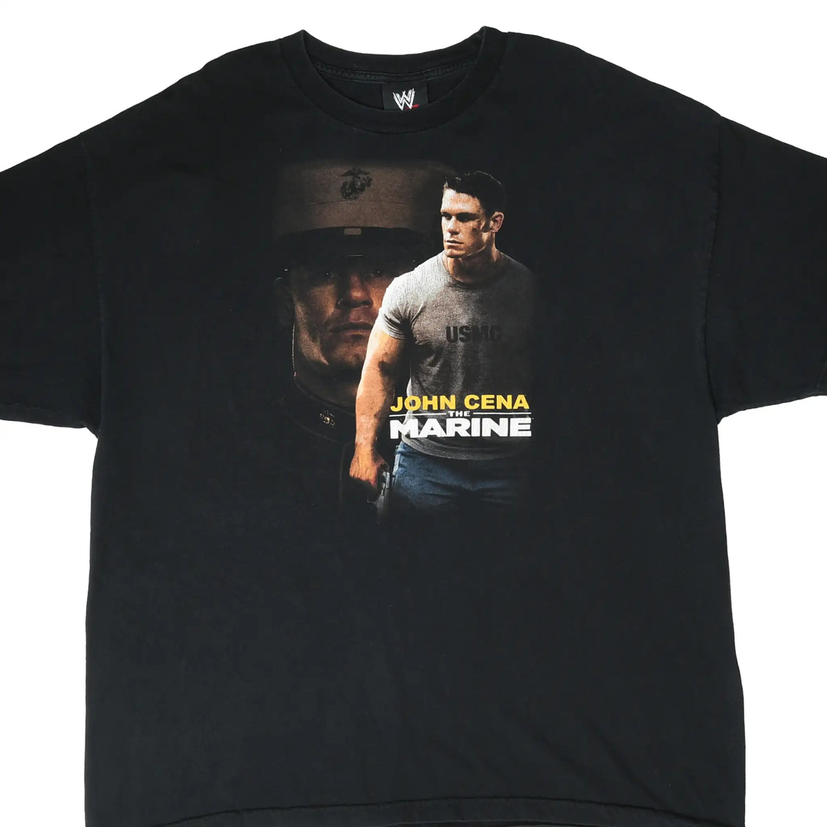 Front of black WWE T-shirt with John Cena and The Marine movie graphic