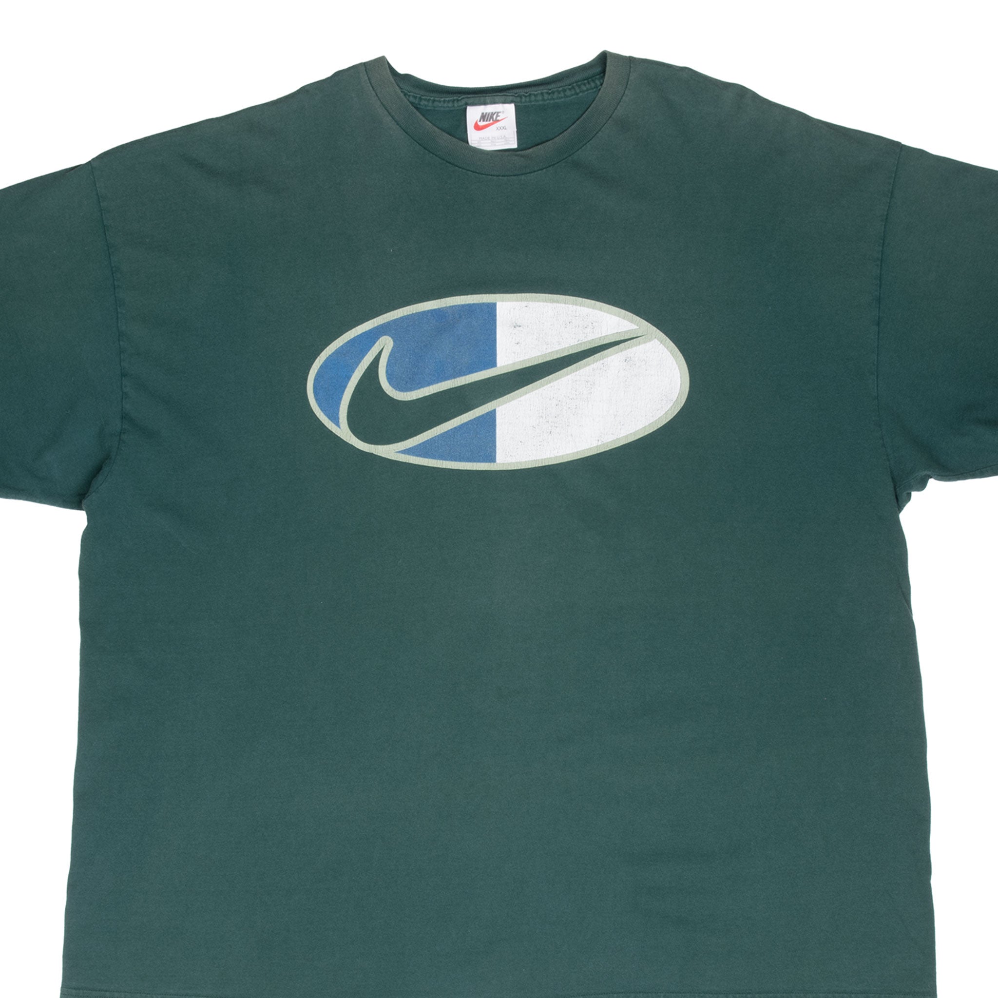 VINTAGE NIKE BIG SWOOSH GREEN TEE SHIRT 1990S 3XL MADE IN USA