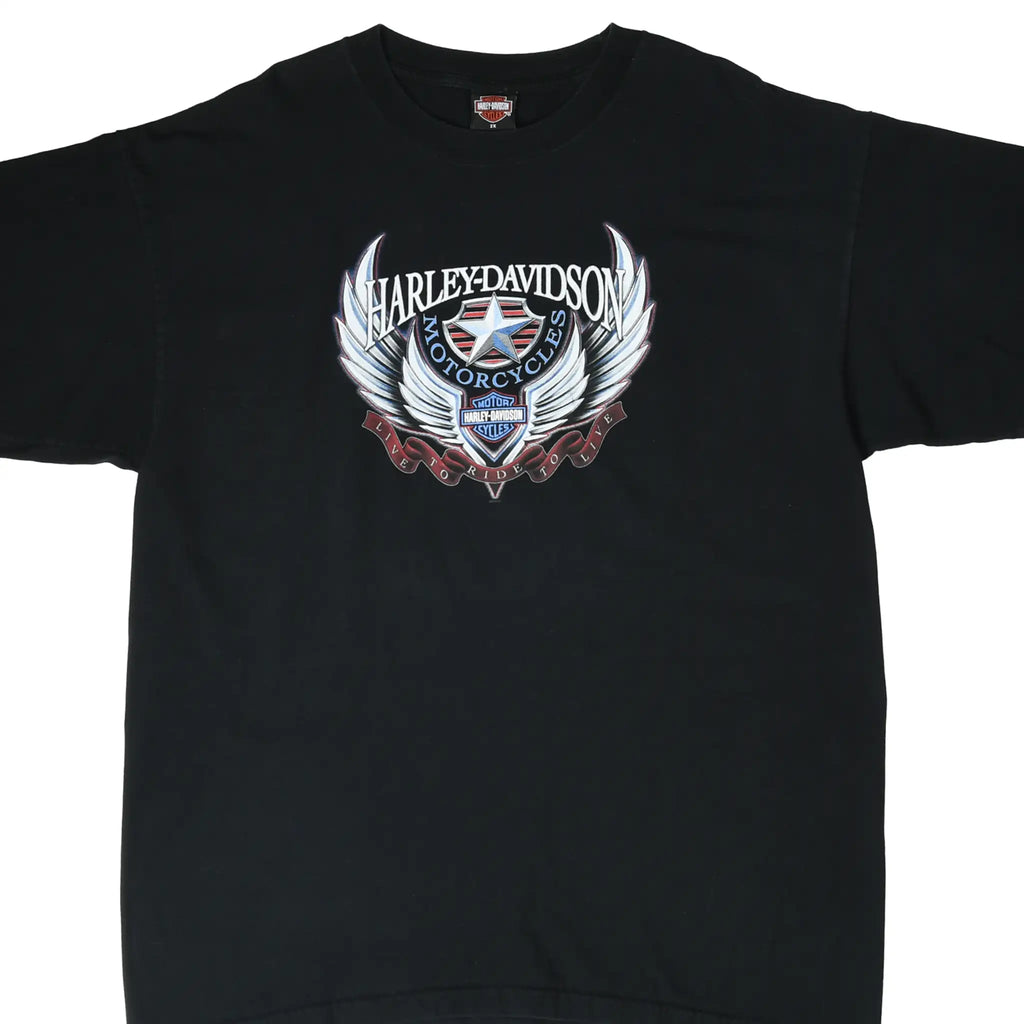 Front of black Harley-Davidson T-shirt with winged star and Ride to Live graphic