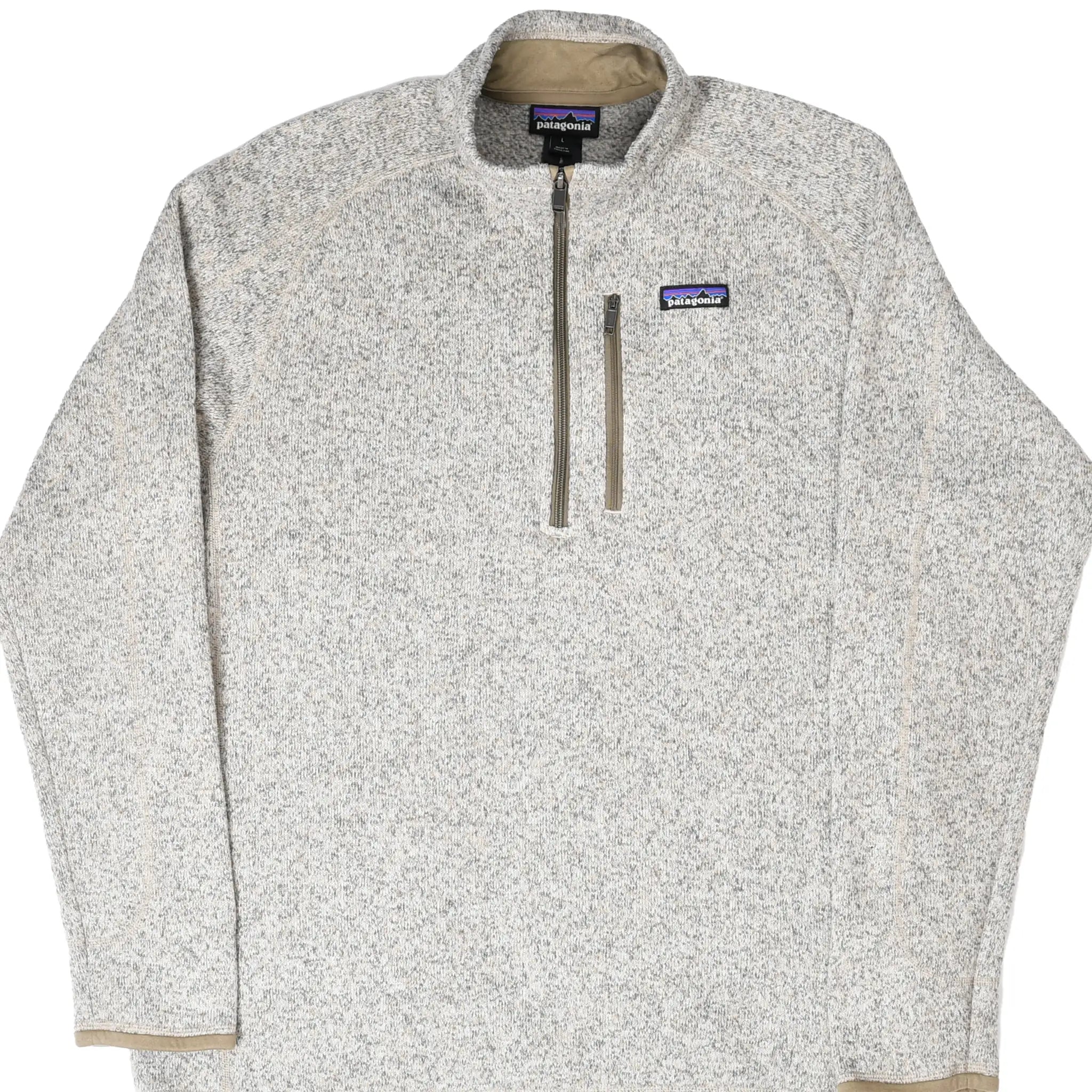 Front of beige Patagonia Better Sweater quarter-zip fleece pullover with zip chest pocket