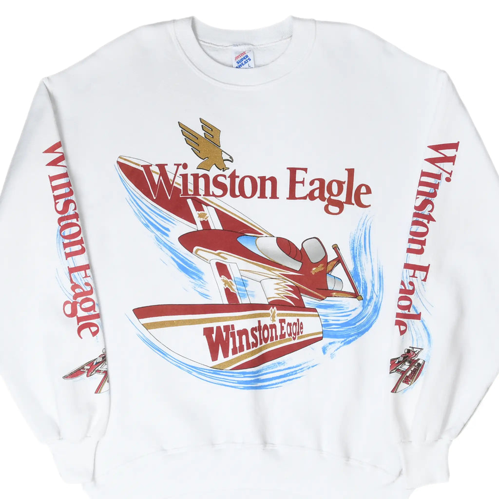 Front of white Winston Eagle racing sweatshirt with red hydroplane graphic and sleeve prints