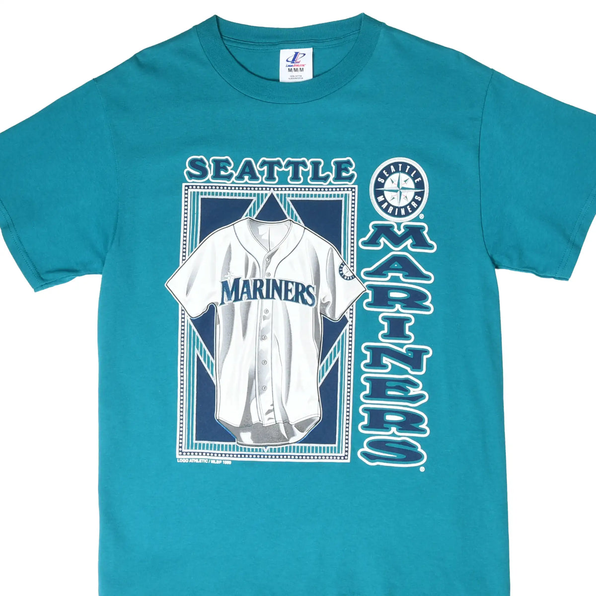 Front of teal Seattle Mariners T-shirt with jersey and vertical team graphic