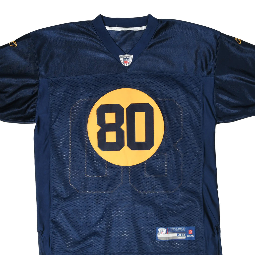 Front of navy Reebok NFL jersey with yellow circle and number 80 graphic