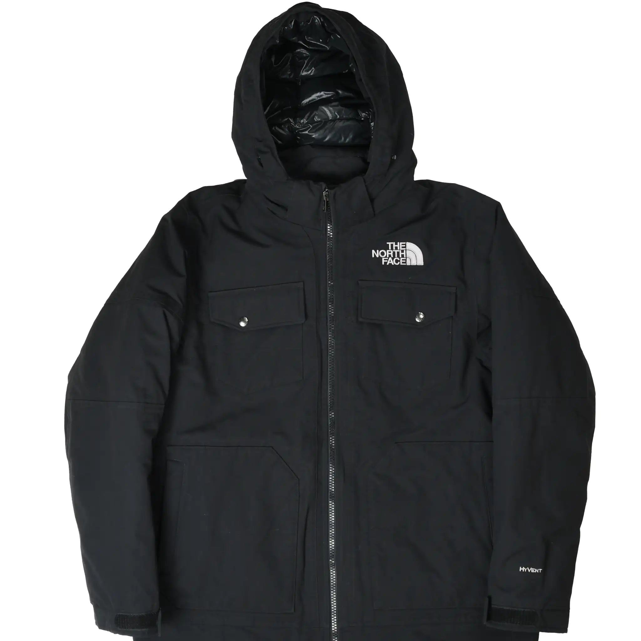 Front of black The North Face hooded insulated jacket with flap and hand pockets