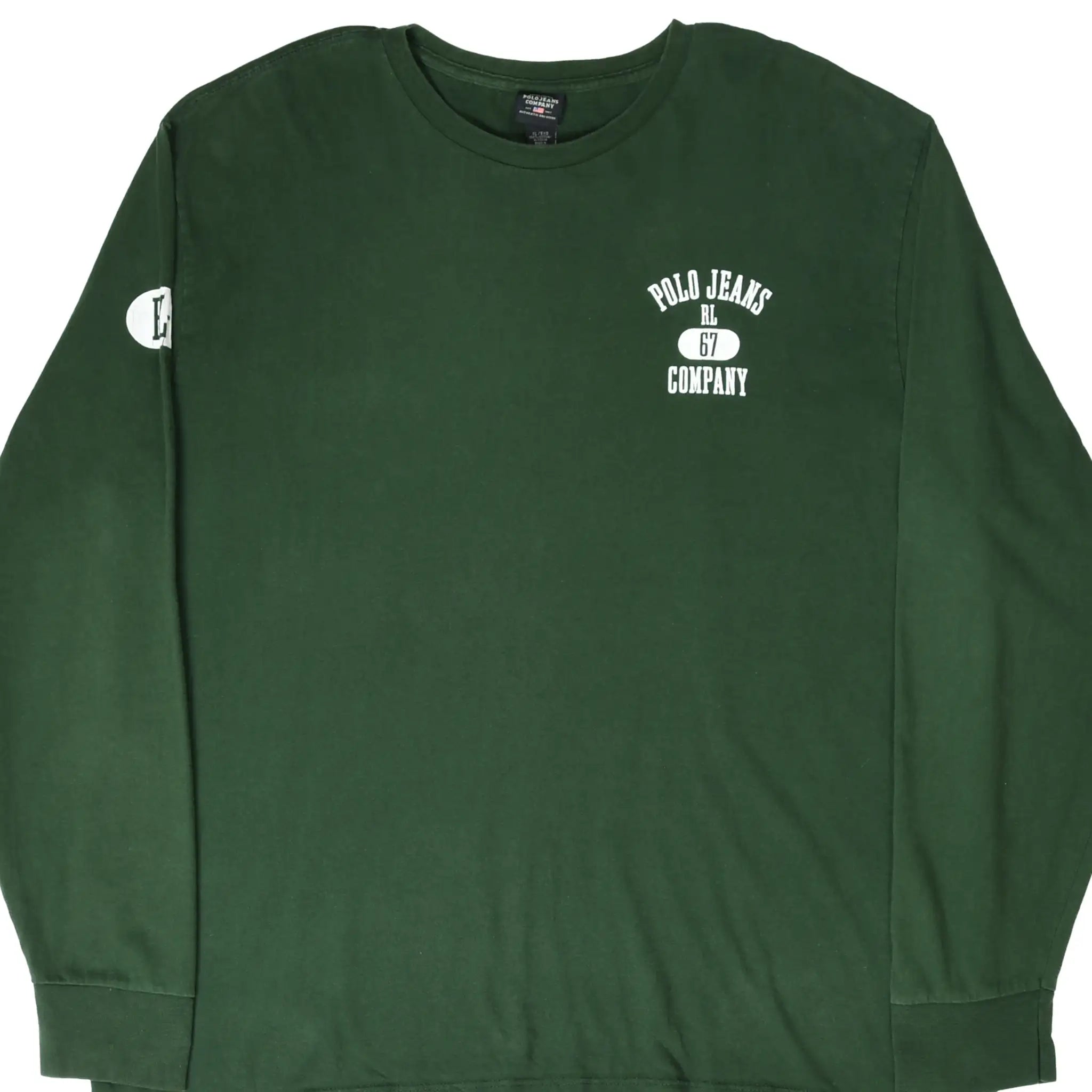 Front of green Ralph Lauren Polo Jeans long-sleeve T-shirt with white chest and sleeve graphics