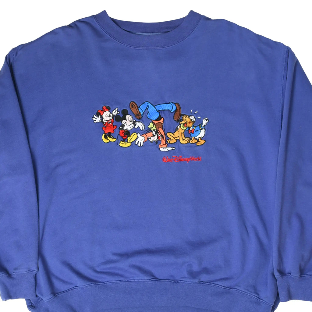 Front upper view of purple Disney sweatshirt with embroidered Mickey Mouse and friends graphic