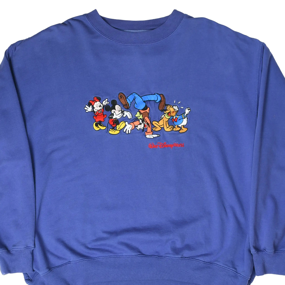 Front upper view of purple Disney sweatshirt with embroidered Mickey Mouse and friends graphic