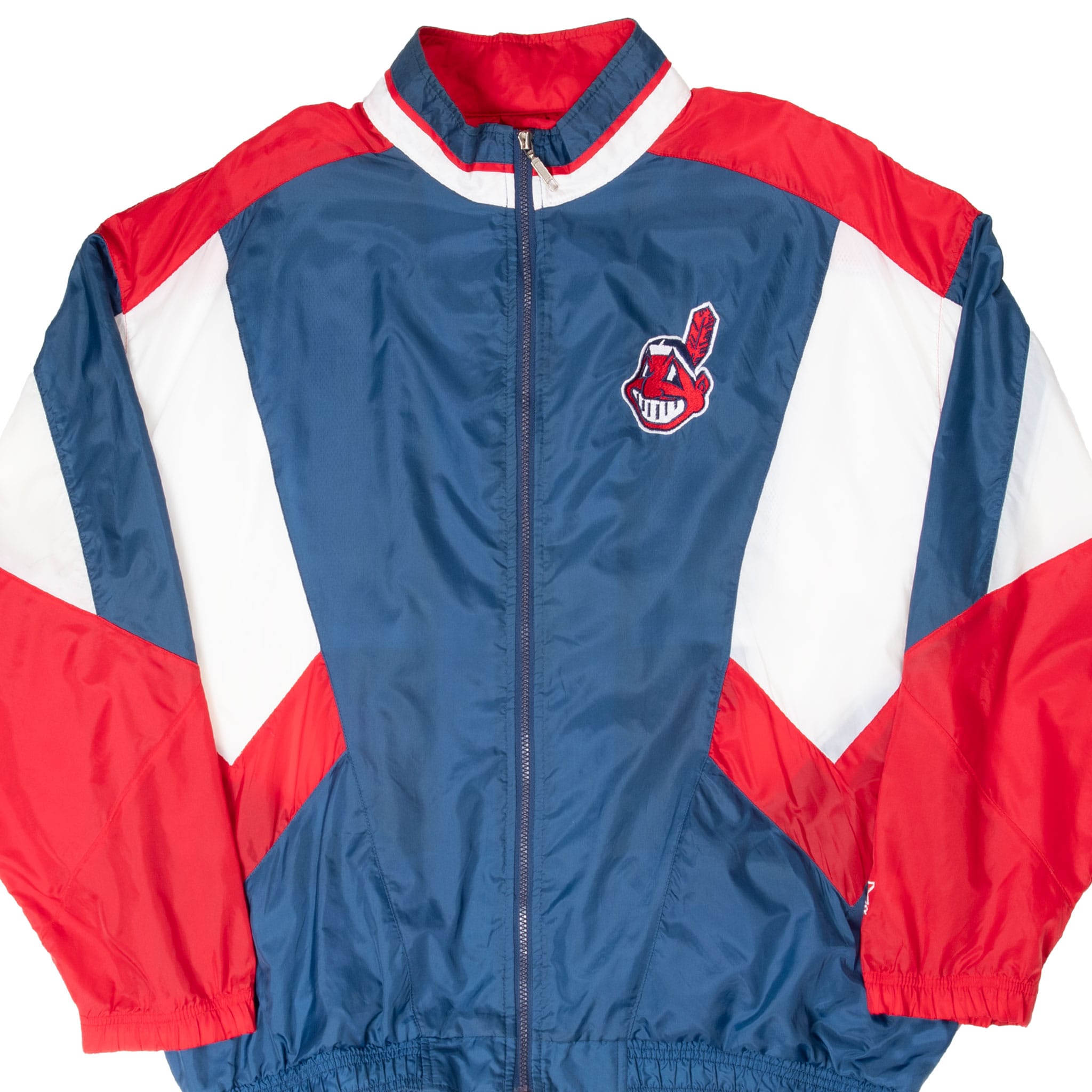 Front of Cleveland Indians Starter windbreaker with navy, red and white color blocking