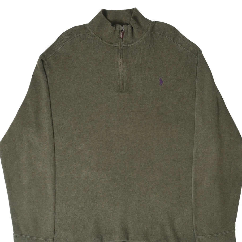 Front of olive green Polo Ralph Lauren quarter-zip sweater with purple pony embroidery
