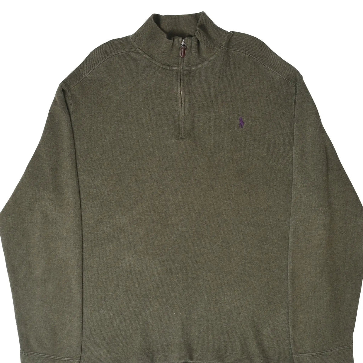 Front of olive green Polo Ralph Lauren quarter-zip sweater with purple pony embroidery
