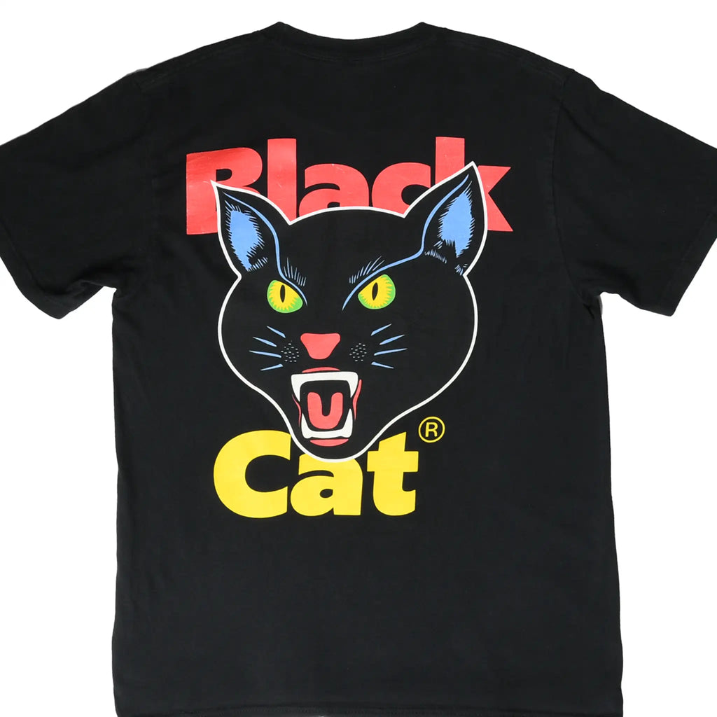 Back of black Supreme T-shirt with large Black Cat graphic in red, yellow, blue, and white