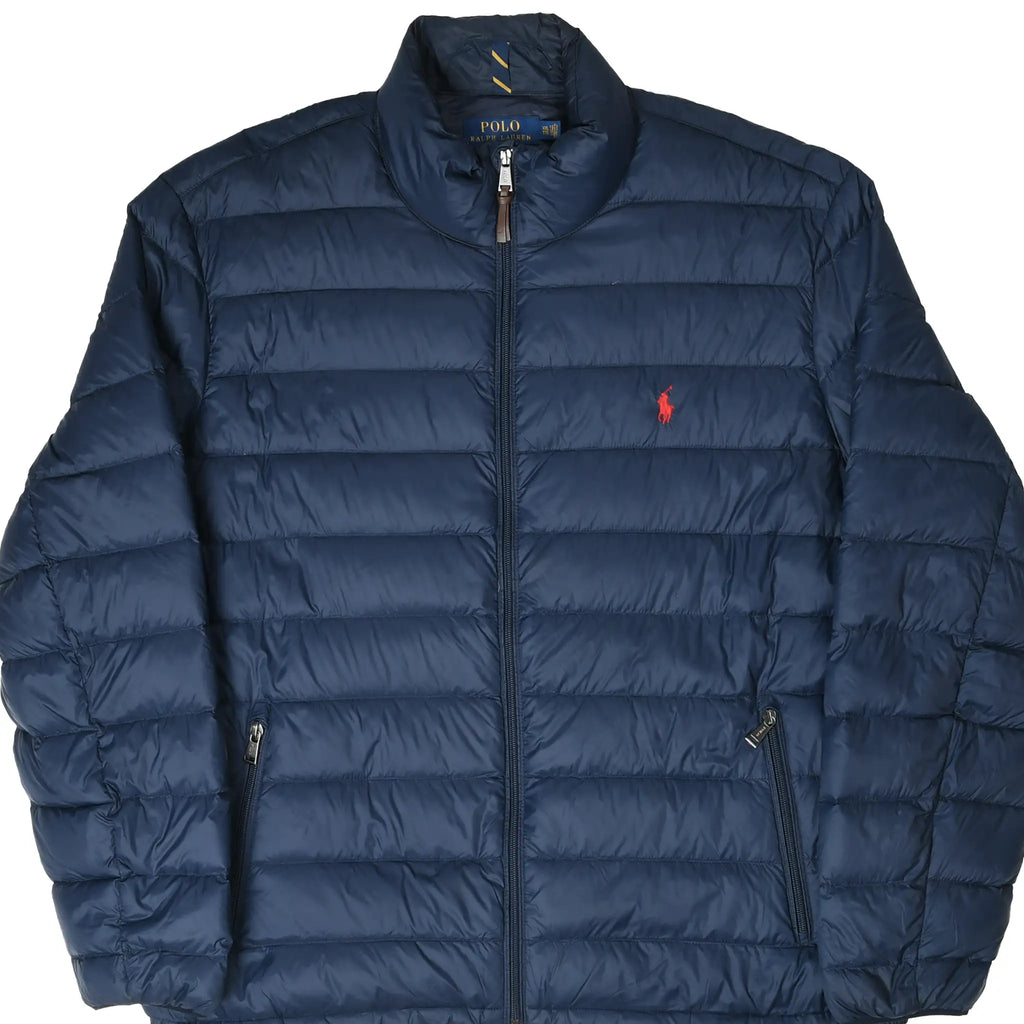Front of navy Polo Ralph Lauren puffer jacket with red pony embroidery and zip pockets