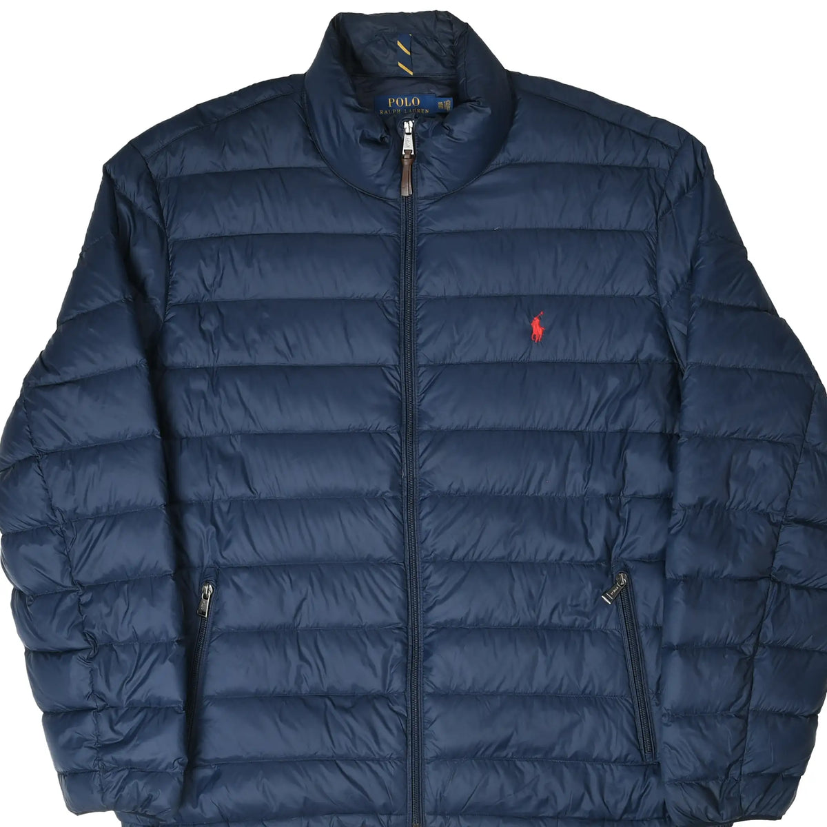Front of navy Polo Ralph Lauren puffer jacket with red pony embroidery and zip pockets