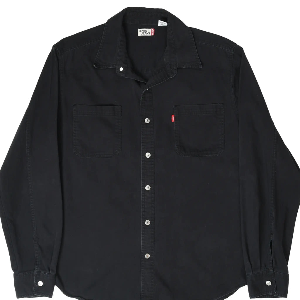 Front of black Levi's Jeans long-sleeve denim shirt with two chest pockets and red tab