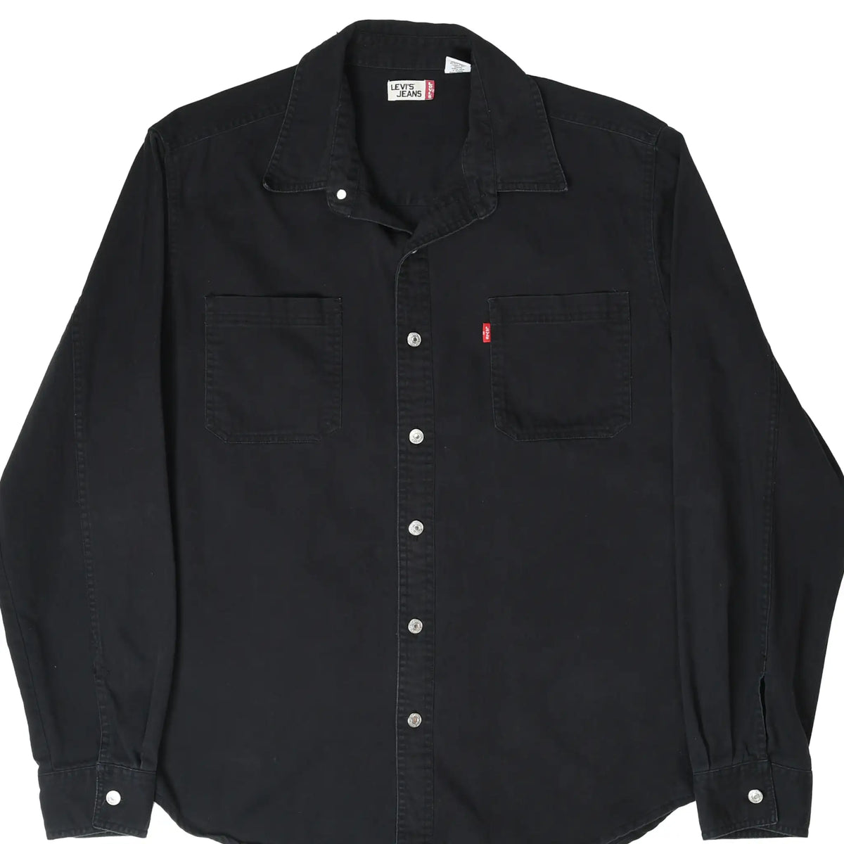 Front of black Levi's Jeans long-sleeve denim shirt with two chest pockets and red tab